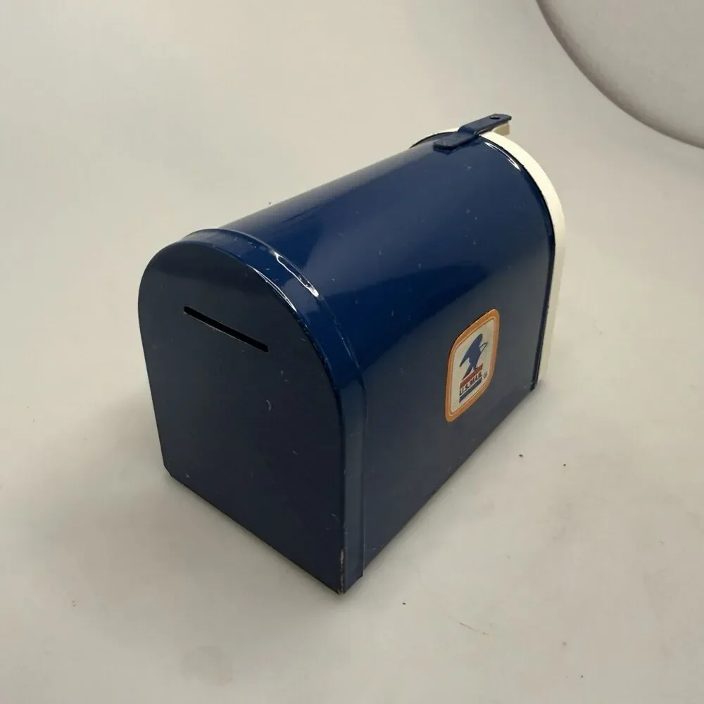 Vintage MidCentury USPS Tin Litho Bank,House Mailbox Design W/Flag-Very Good